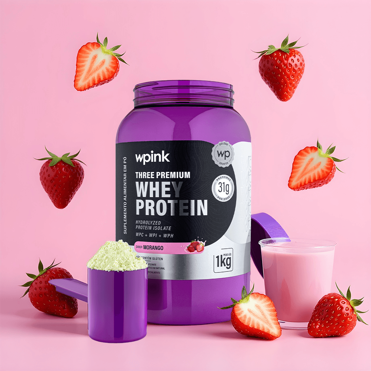 three premium whey protein morango 3w - (1kg) - wp - foto 3